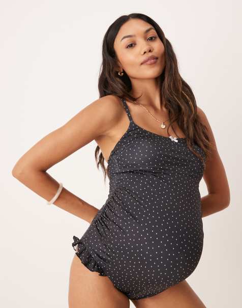 ASOS DESIGN Maternity - Gerri - Maillot 1 pièce à pois et encolure dégagée - Noir - view 1