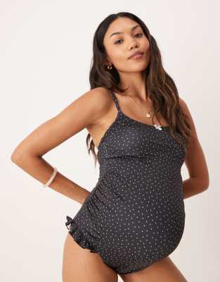 ASOS DESIGN Maternity - Gerri - Umstands-Badeanzug in Schwarz gepunktet mit Knitterstruktur und U-Ausschnitt