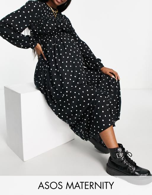 ASOS DESIGN Maternity - Gesmokte midi jurk met lange mouwen in zwart-witte stippenprint