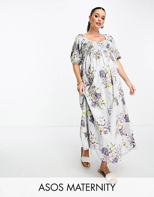 overloop Vermeend hout ASOS DESIGN Maternity - Gesmokte midi jurk van katoen met bloemenprint |  ASOS