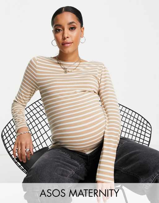 ASOS DESIGN Maternity - Gestreept T-shirt met lange mouwen in stone