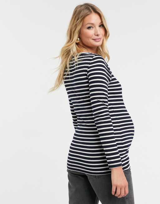 ASOS DESIGN Maternity - Gestreept T-shirt met lange mouwen in zwart, 2 van 4