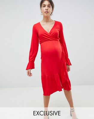 ASOS DESIGN Maternity - Gestreepte jurk voor borstvoeding met overslag en ruches-Rood