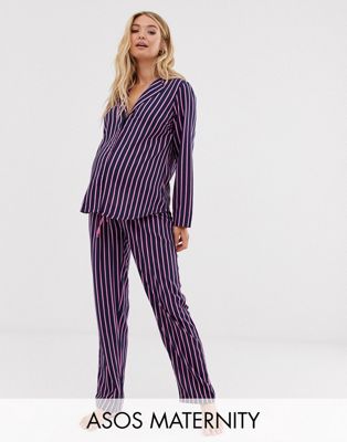 ASOS DESIGN Maternity - Gestreepte pyjama-set met hemd en broek in 100% modal-Multi