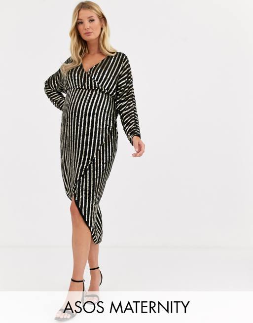 ASOS DESIGN Maternity - Gestreepte versierde midi-jurk met vleermuismouwen