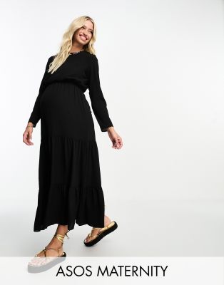 ASOS DESIGN Maternity - Gestuftes Midi-Stillkleid in Schwarz mit Kordelzug in der Taille