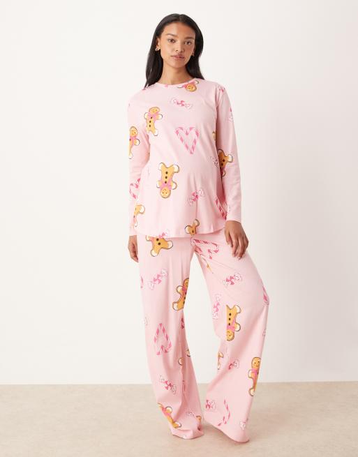 ASOS DESIGN Maternity gingerbread & candy cane long sleeve top & trouser pyjama set in pink marl