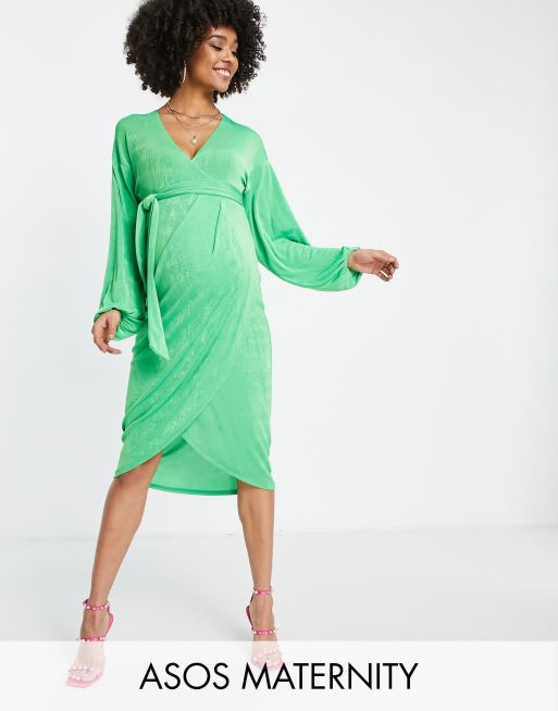 ASOS DESIGN Maternity - Gladde midi-jurk met overslag en blousonmouwen in groen