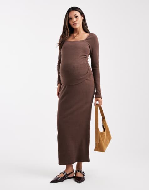 ASOS DESIGN Maternity - Gonna lunga color cioccolato a coste in coordinato - view 1