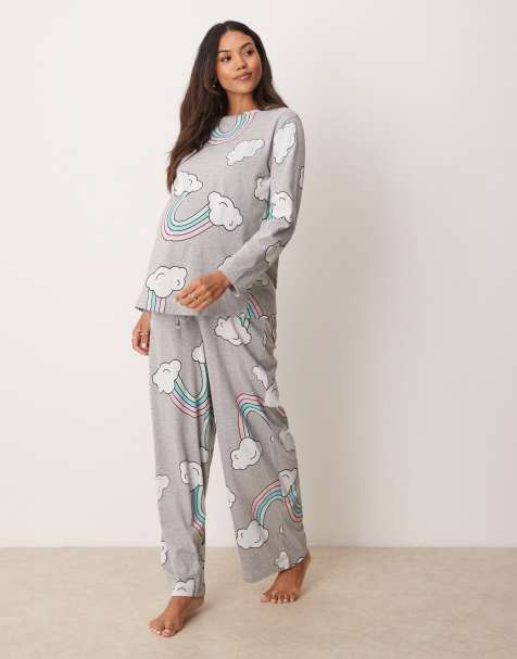 ASOS DESIGN Maternity – Gråmelerad, regnbågsmönstrad pyjamas med långärmad topp och byxor - view 1