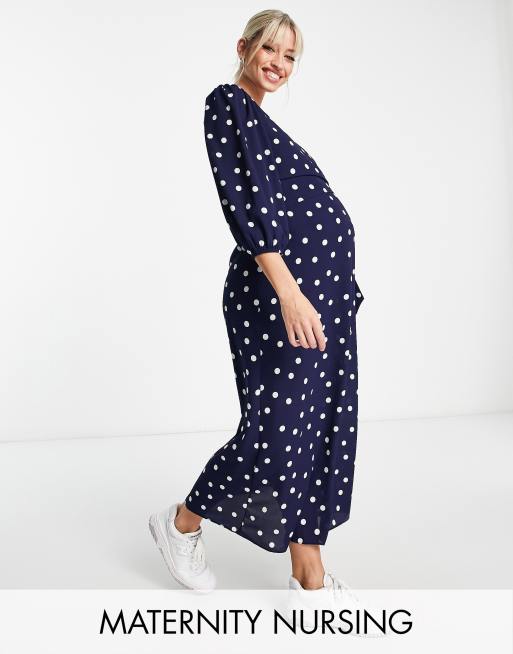 ASOS DESIGN Maternity – Granatowa kopertowa sukienka midi w groszki z  funkcją karmienia | ASOS