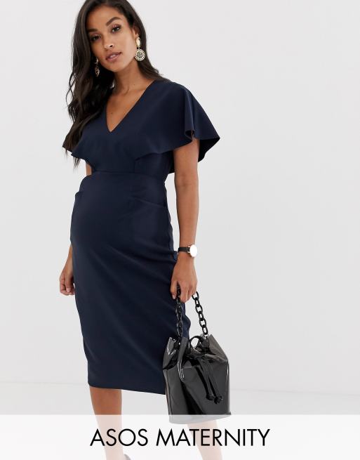 ASOS DESIGN Maternity – Granatowa ołówkowa sukienka midi z rozkloszowanymi  rękawami | ASOS