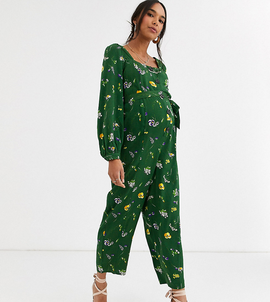 ASOS DESIGN Maternity - grøn blomsterprintet langærmet jumpsuit med knapper foran, taljebånd og pufærmer-Multifarvet