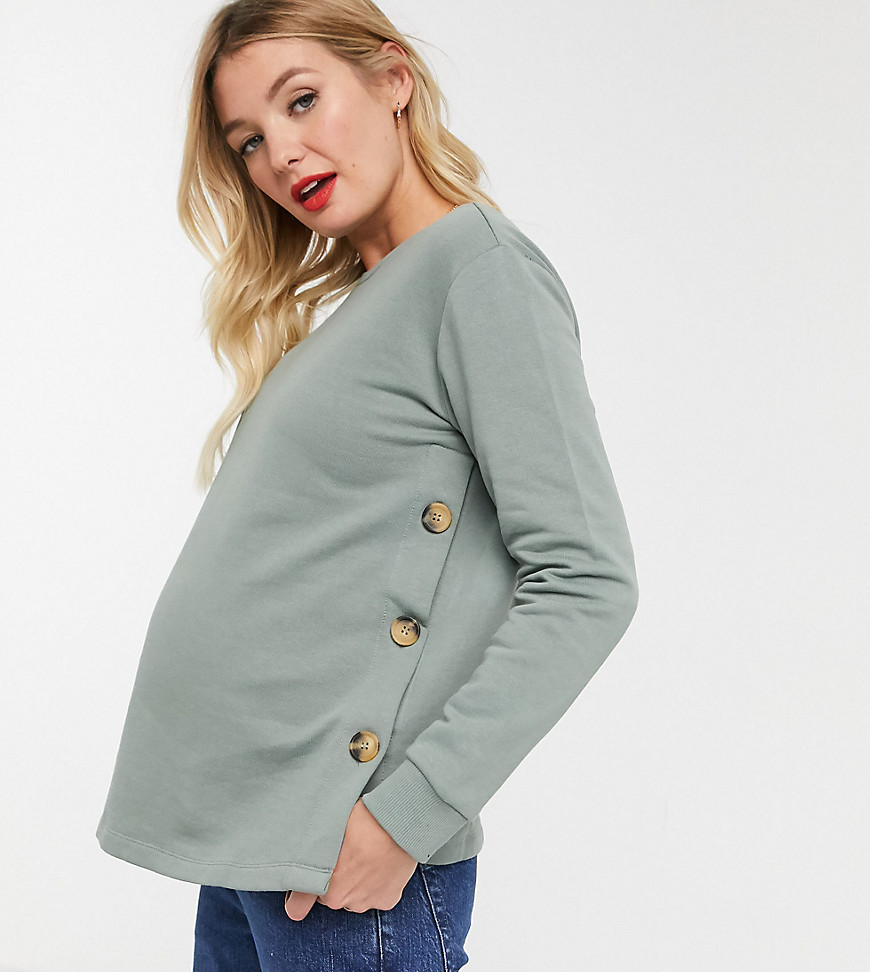 ASOS DESIGN Maternity – Grön sweatshirt i amningsmodell med knapp i sidan