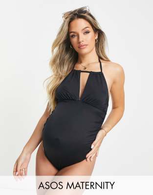 ASOS DESIGN Maternity halter keyhole swimsuit in black