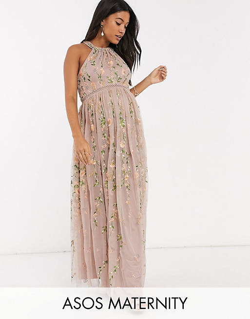 ASOS DESIGN Maternity halter neck pretty embroidered floral and sequin mesh maxi dress