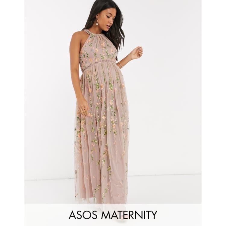 Asos design pretty embroidered floral and sequin store mesh maxi dress