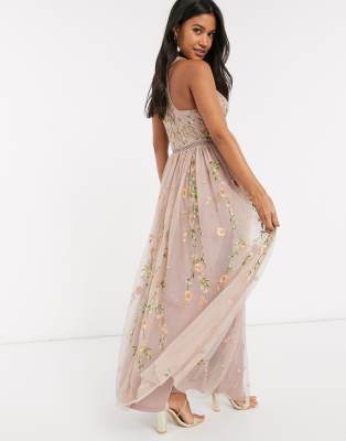 Asos design pretty embroidered floral and sequin store mesh maxi dress