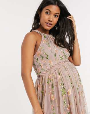 ASOS DESIGN Maternity halter neck pretty embroidered floral and sequin mesh maxi dress