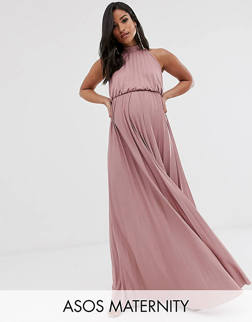 ASOS DESIGN Maternity halter Pleated Waist Maxi Dress in rose