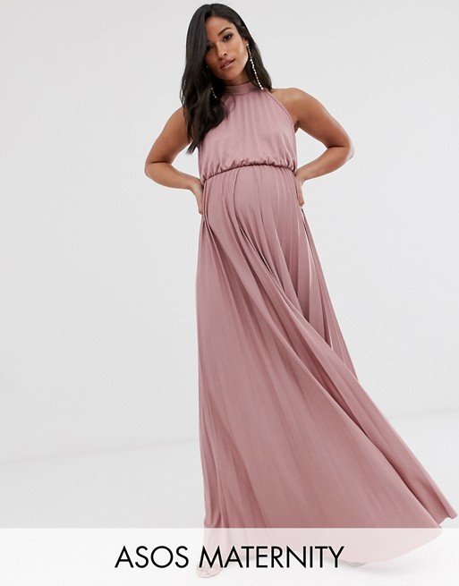 ASOS DESIGN Maternity halter Pleated Waisted Maxi Dress in rose