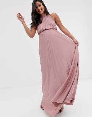 halter pleated waisted maxi dress