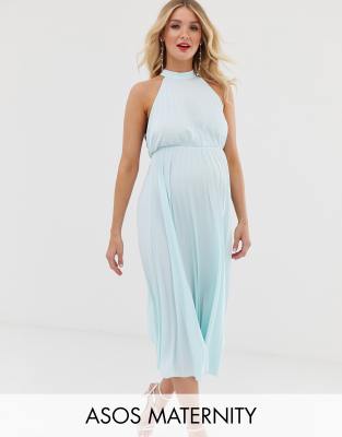 halter pleated waisted midi dress