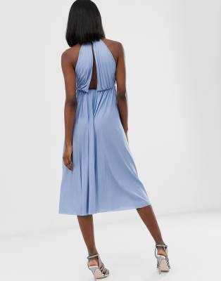 halter pleated waisted midi dress