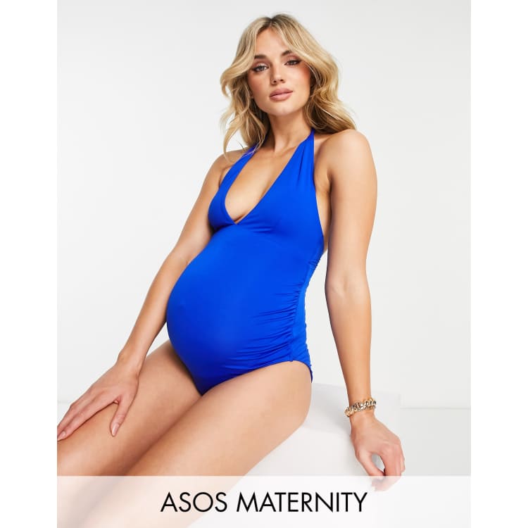 ASOS DESIGN Maternity halter wrap swimsuit in cobalt blue ASOS