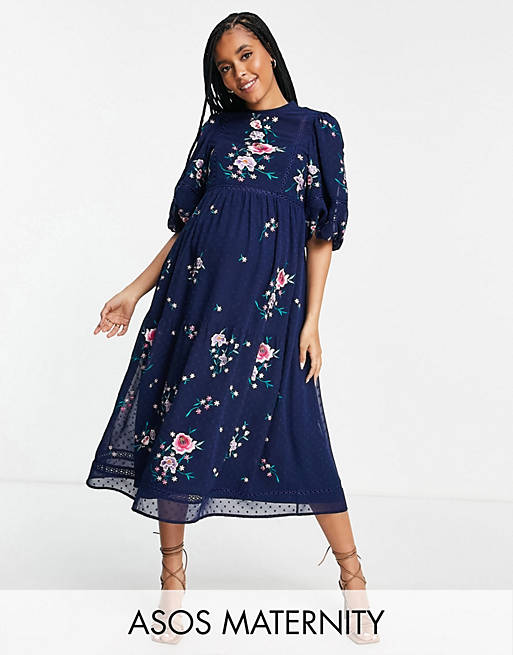 Women Maternity high neck dobby embroidered midi dress with lace trims in navy 