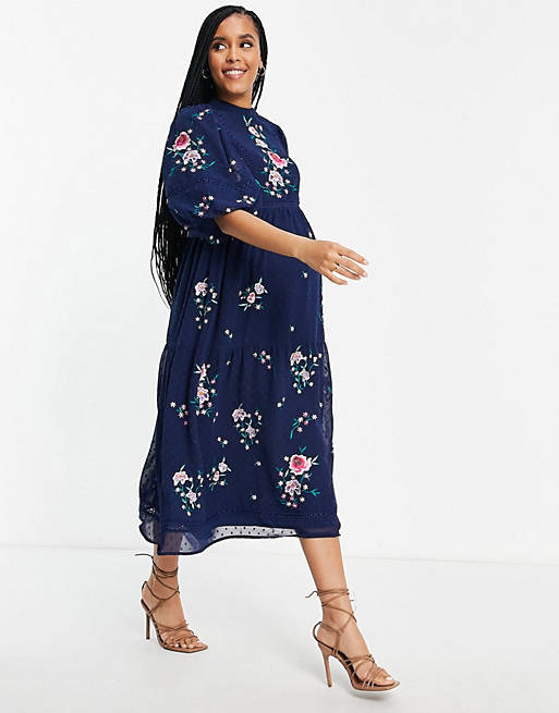 Dresses Maternity high neck dobby embroidered midi dress with lace trims in navy 