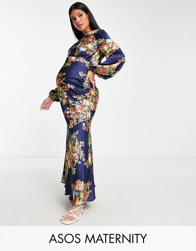 ASOS DESIGN Maternity high neck maxi dress with flared cuff in navy floral print