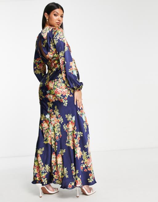 ASOS DESIGN Maternity high neck maxi dress with tie waist detail and  stencil floral embroidery