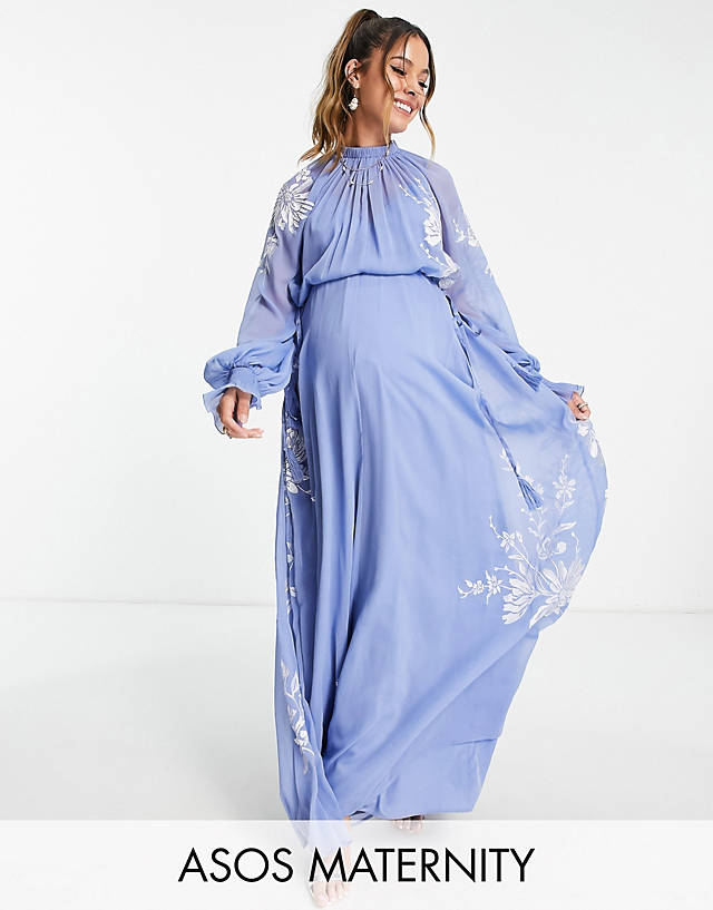 ASOS DESIGN Maternity high neck maxi dress with tie waist detail and stencil floral embroidery