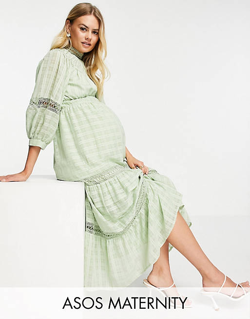 Women Maternity high neck midi dress with lace inserts in grid texture in sage green 