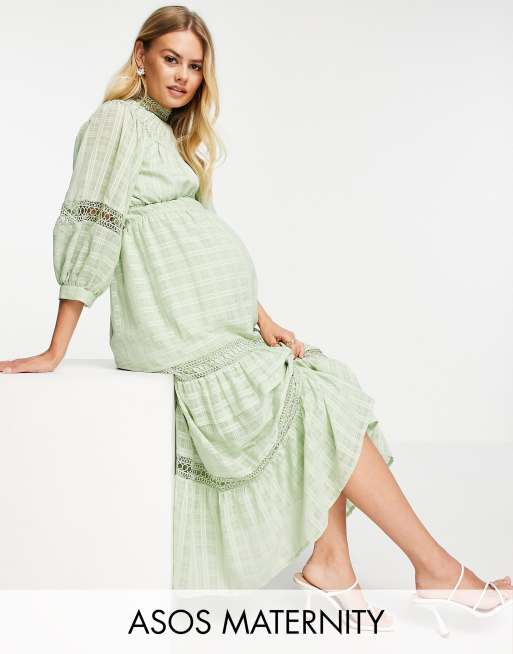 Asos Design Maternity High Neck Midi Dress With Lace Inserts In Grid Texture In Sage Green Asos 