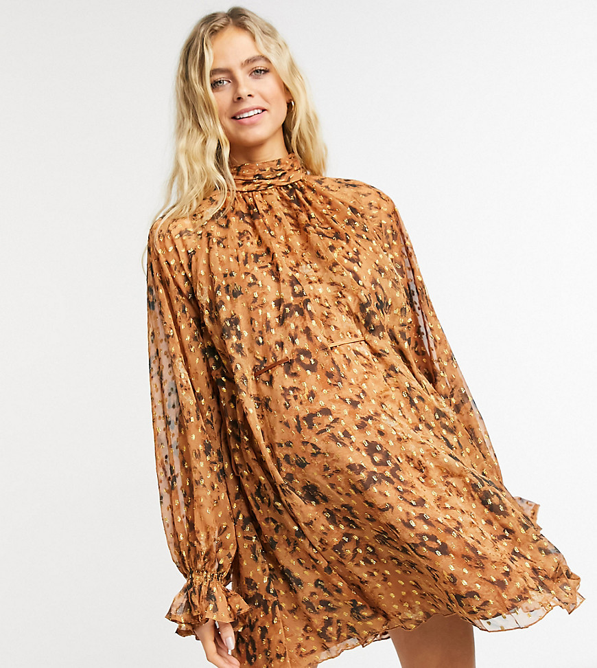 ASOS DESIGN Maternity high neck mini dress in jacquard chiffon with tie detail in leopard print-Multi