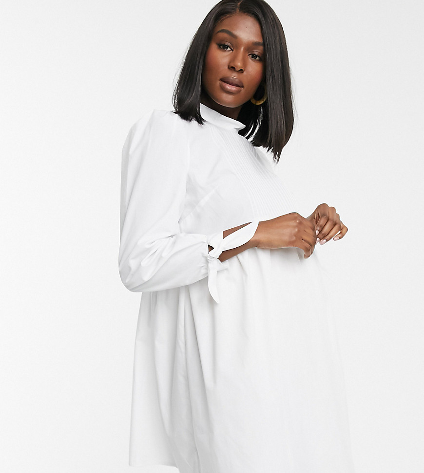 ASOS DESIGN Maternity high neck mini smock dress with pin tucks and tie sleeves-White