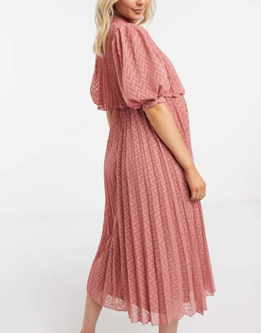 ASOS DESIGN Maternity high neck pleated double layer midi dress in chevron texture in tea rose