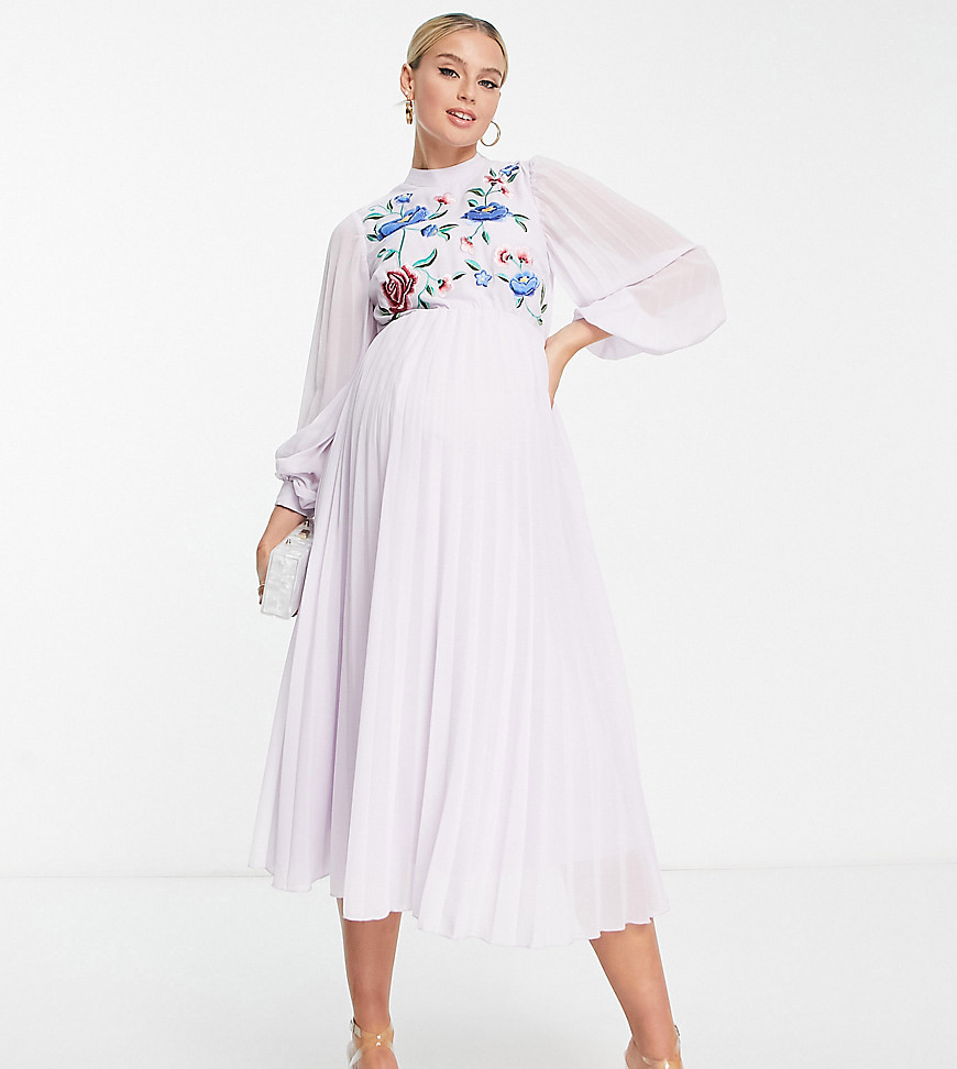 ASOS DESIGN Maternity high neck pleated long sleeve skater midi dress with embroidery in lilac-Green