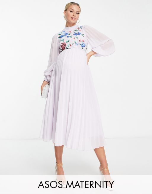 Asos design pleated high shop neck midi dress with embroidery