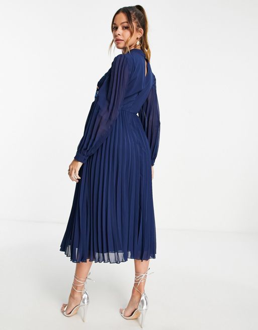 ASOS DESIGN Maternity satin stripe midi dress with blouson sleeve and  button detail in navy