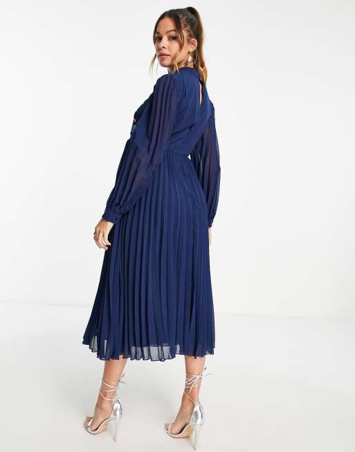 ASOS DESIGN Maternity high neck pleated long sleeve skater midi dress with  embroidery in navy