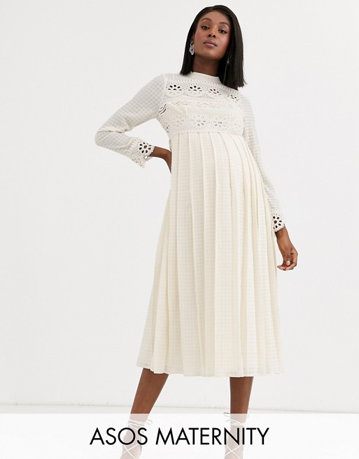 ASOS DESIGN Maternity high neck pleated midi dress with lace inserts in mink