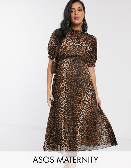 ASOS DESIGN Maternity high neck pleated midi dress with puff sleeve in leopard print