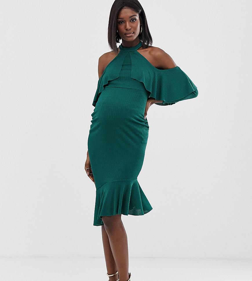 ASOS DESIGN Maternity high neck ruffle cold shoulder midi dress with pep hem-Green