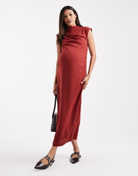 ASOS DESIGN Maternity high neck sleeveless midi dress with draped neck in rust - view 1