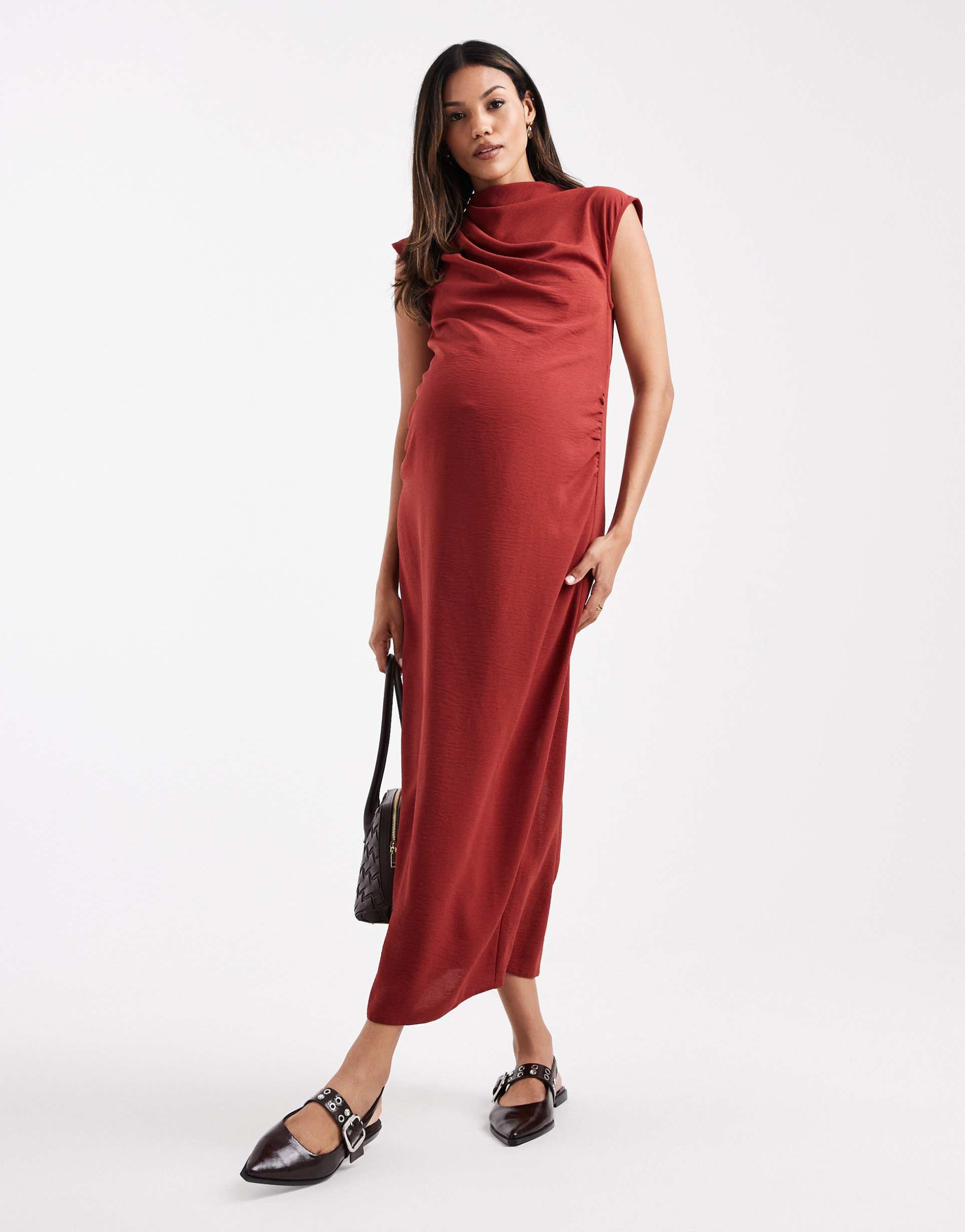 asos design maternity high neck sleeveless midi dress with draped neck in rust