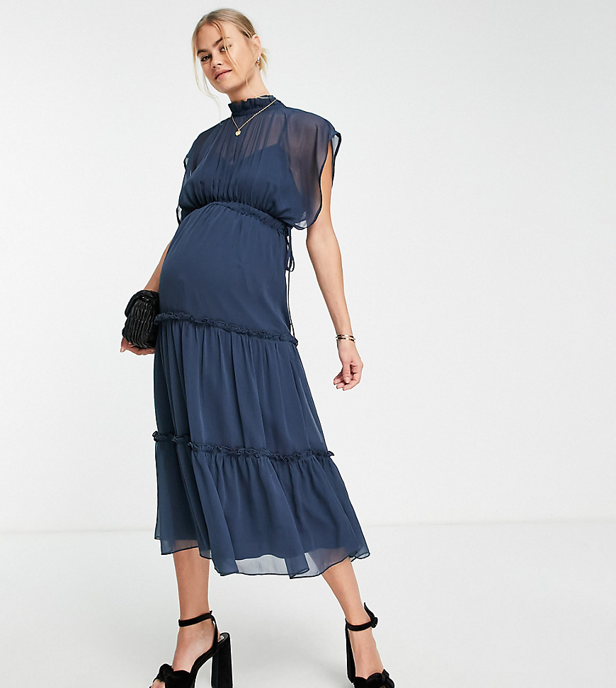 ASOS DESIGN Maternity high neck soft midi dress with tiered skirt in dusty blue-Blues