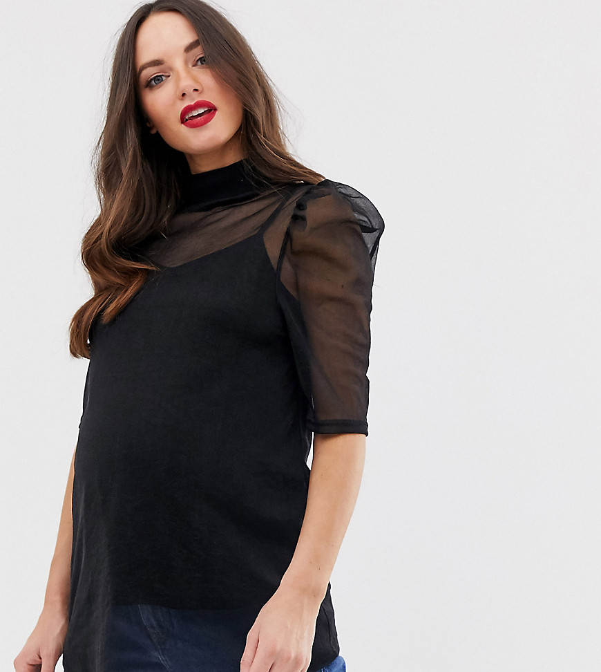 ASOS DESIGN Maternity high neck top in mesh with puff sleeve and cami-Black